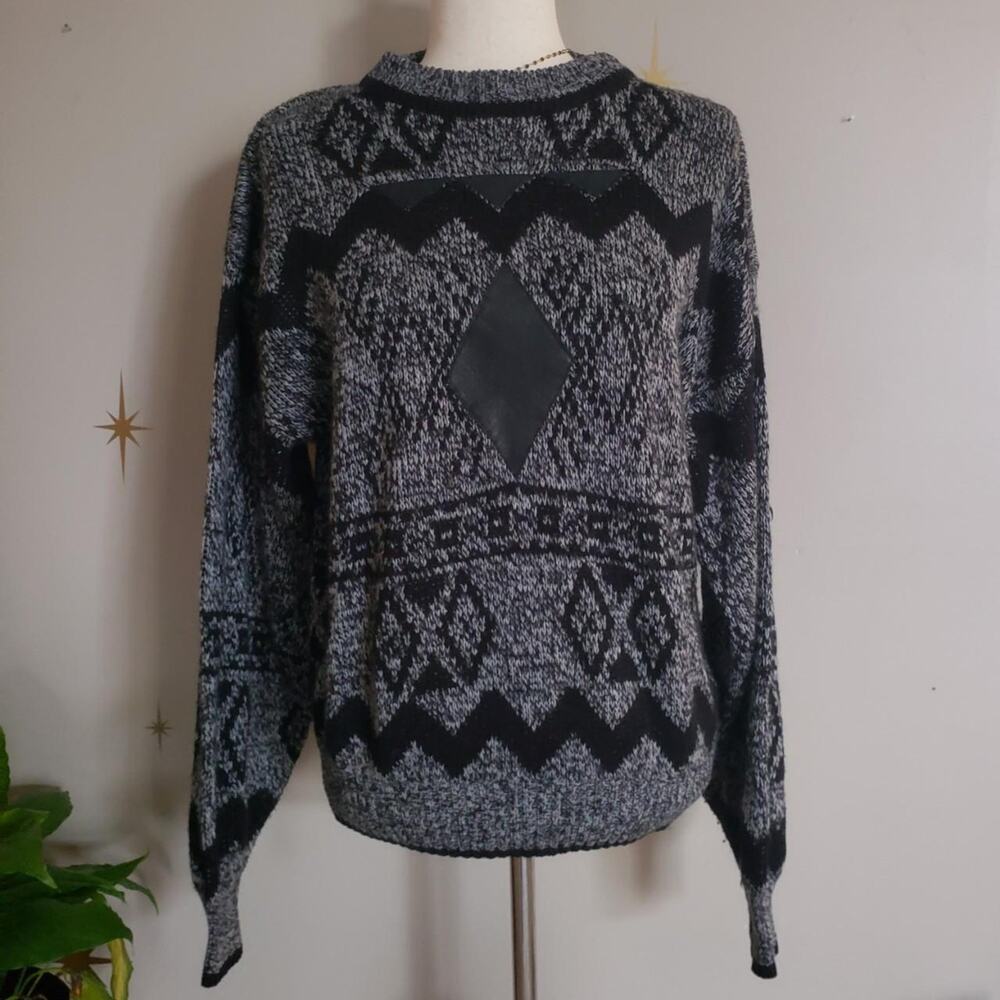 Vtg 90s Large Black Knitted Sweater with Genuine Leather Detail, Pattern, Crew